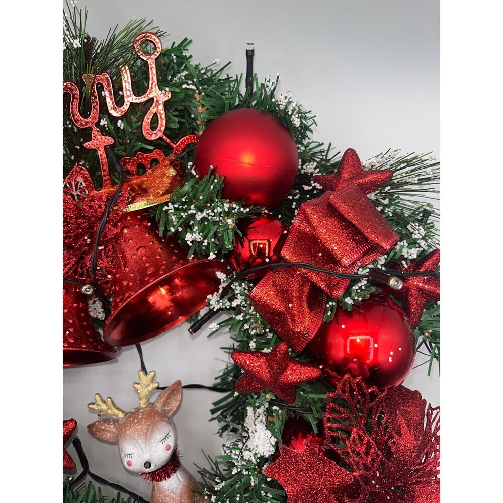 Pre Lit Merry Christmas Wreath with Twinkly Lights plus Reindeer Poinsettia Bell - Picture 13 of 16
